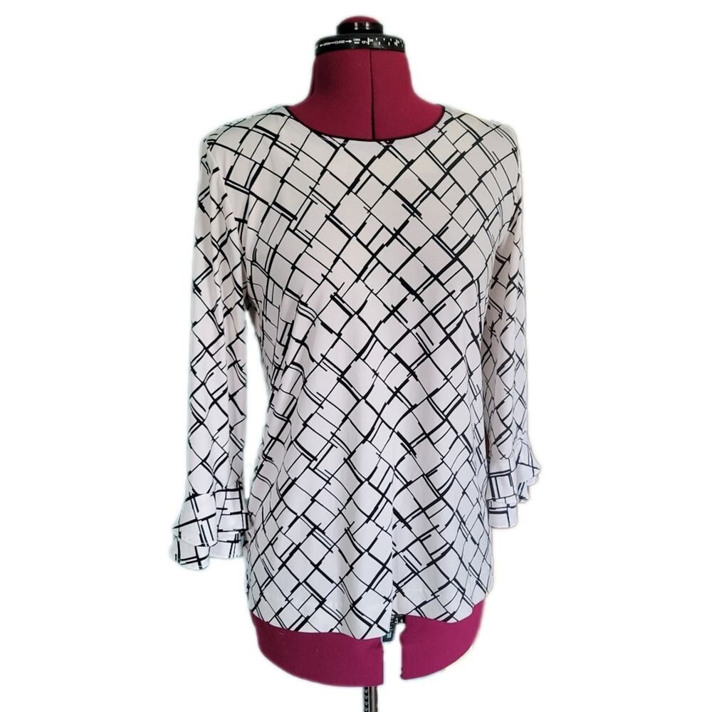 Karl Lagerfeld Paris White & Black Geometric Print Ruffle Bell Sleeve Top sz S